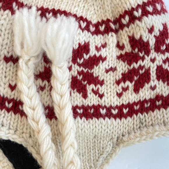 Nepal Fair Isle Heavy Wool Knit Sherpa Hat OS Fleece Lined Ear Flap Long Tassel - Picture 4 of 12